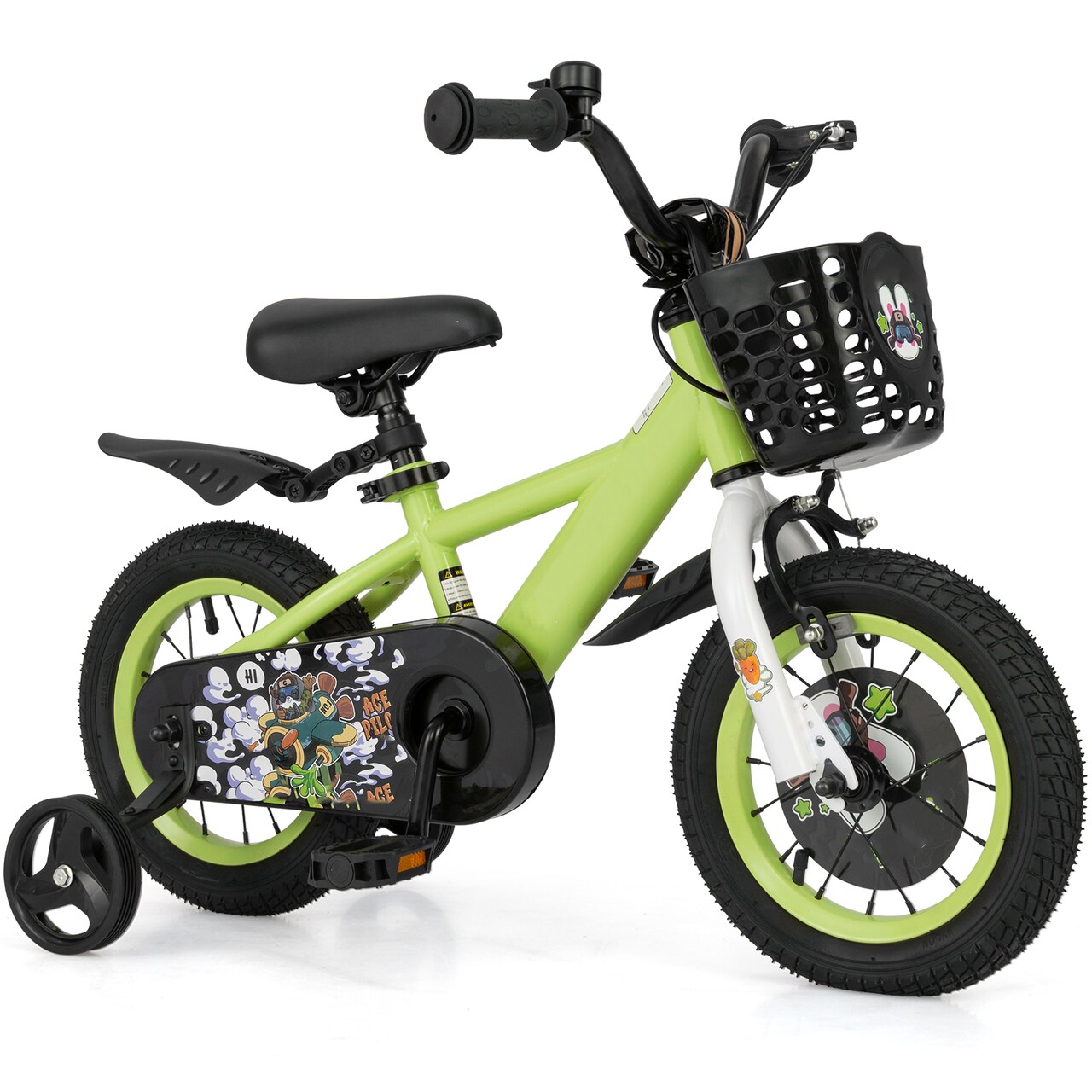 Green Carbon Steel Kids Bike with Basket, Dual Brakes and Detachable Training Wheels
